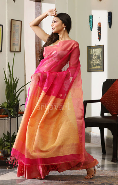 Stunning Fuchsia Silk Saree with Zari  Polka dot buttas and  border