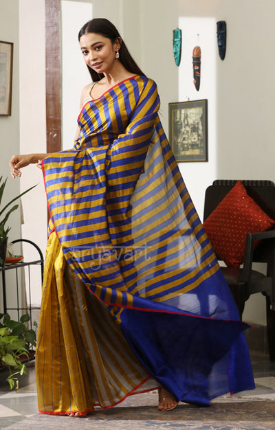 Mustard, Royal Blue & Grey Striped Silk Chanderi Saree with a Stunning Blue Pallu