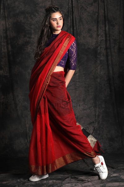 Red Blended Cotton Saree Striped Pallu