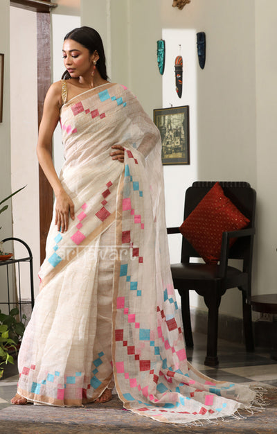 Off-White Linen Saree with Multicolour Jamdani Cube Woven Design along the Border & Pallu