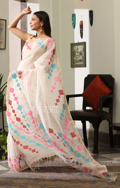 Off-White Linen Saree with Multicolour Jamdani Cube Woven Design along the Border & Pallu