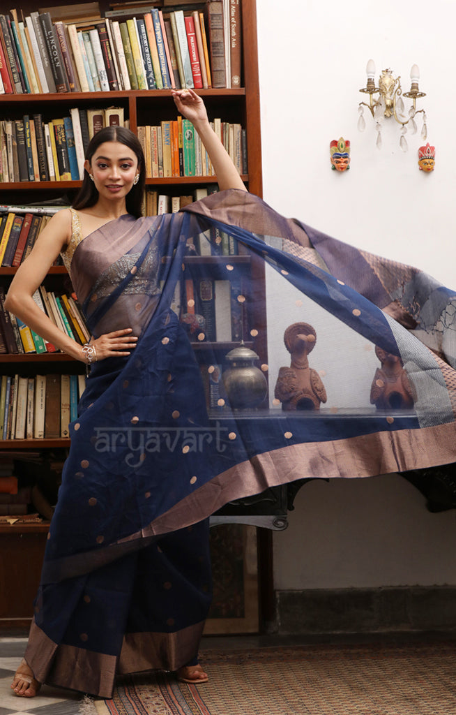Midnight Blue Silk Saree with Zari  Polka dot buttas and  border