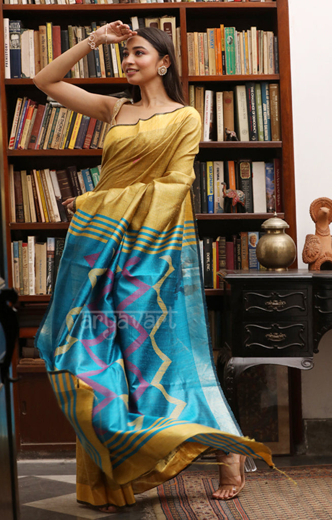 Golden Yellow Silk Saree with Woven Design & a contrasting Teal pallu
