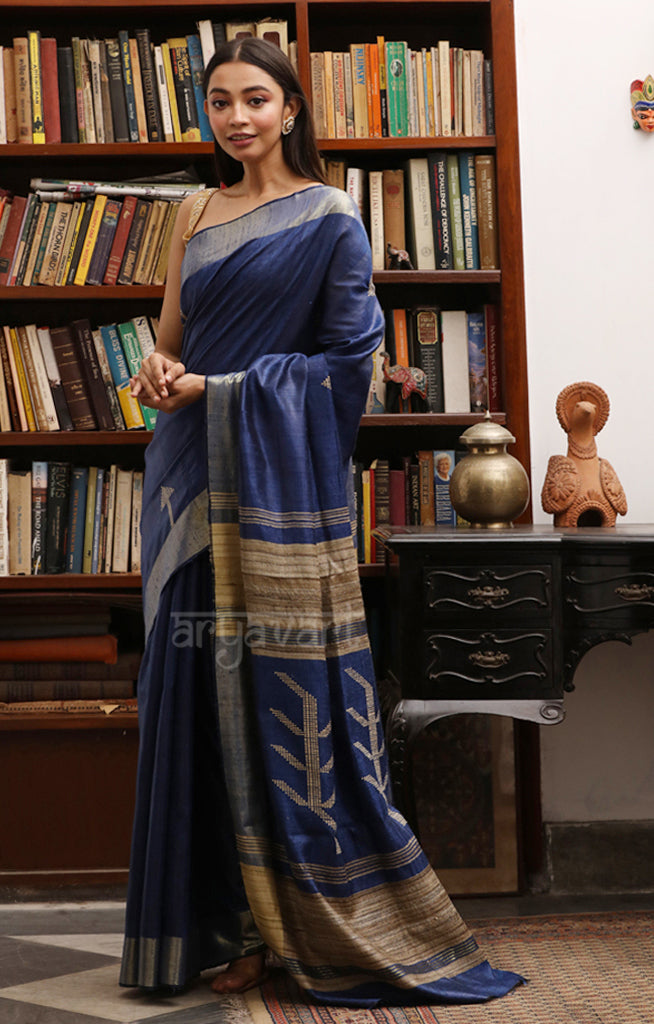 Navy Blue Silk Saree with Stunning Woven Design in Ghicha Thread