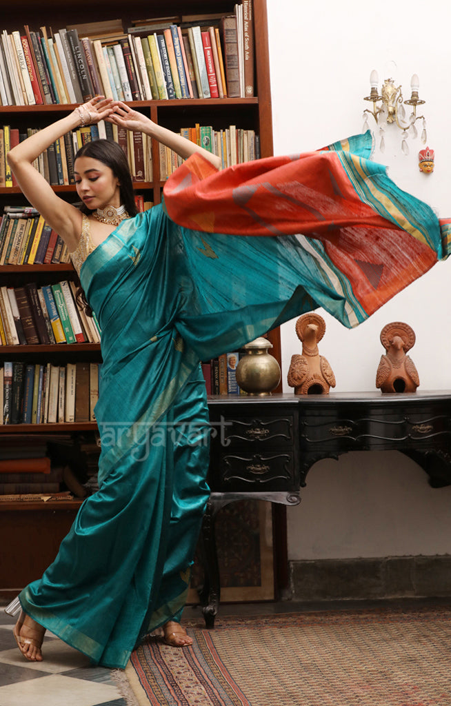 Teal Silk Saree with Woven Design & a contrasting Fire Orange Pallu