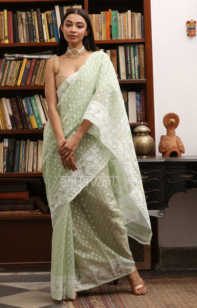 Mint Green Jamdani Saree with White Woven Butta & Pallu
