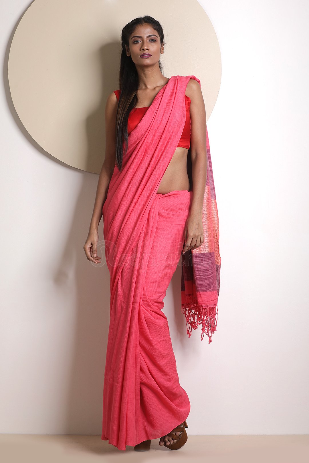Punch Pink Cotton Saree With Texture