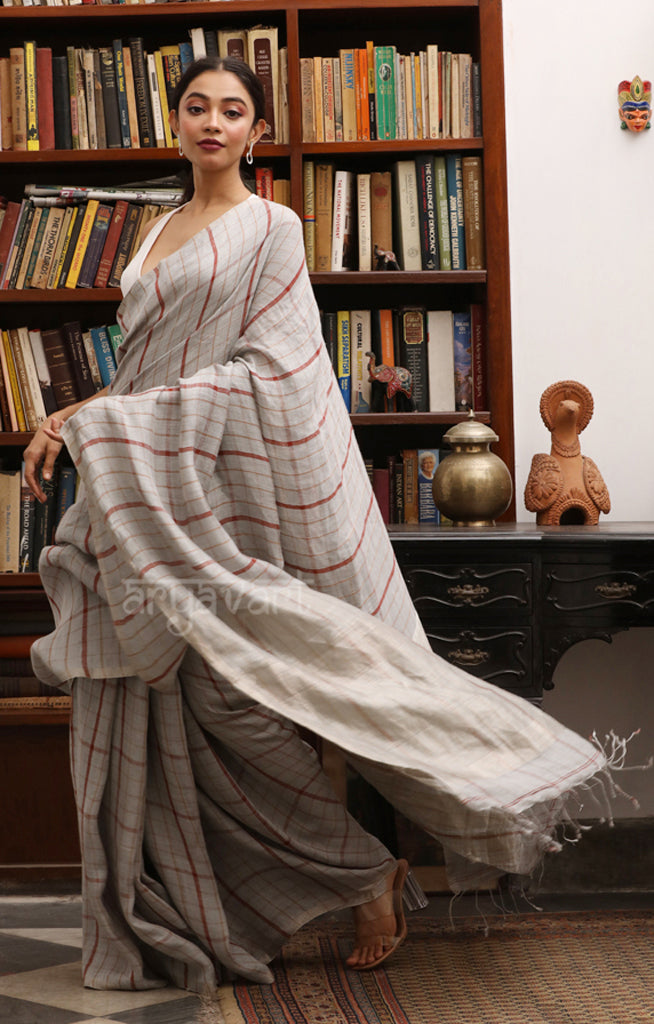 Grey Linen Saree with Brick red Check Design