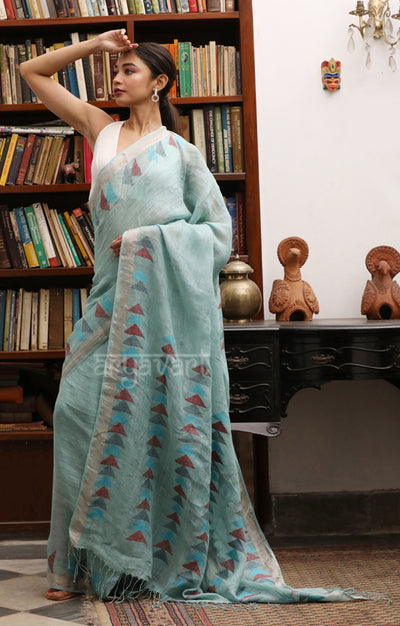 Sky Blue Linen Saree with Striking Triangle shape Jamdani Woven Design
