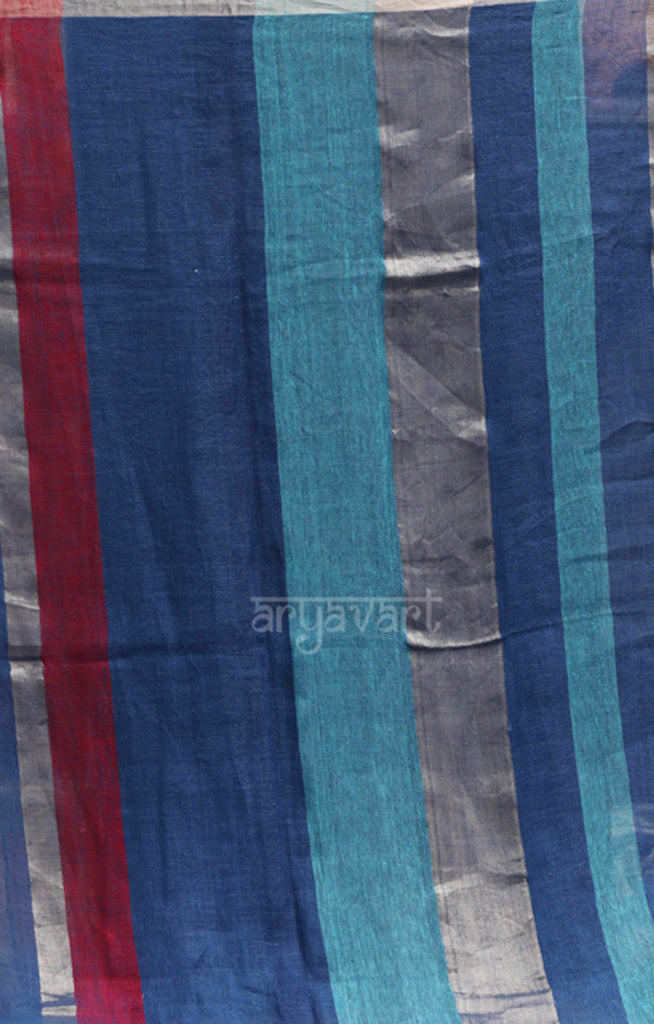 Shades of Blue, Maroon,& Silver Zari Striped Linen Saree