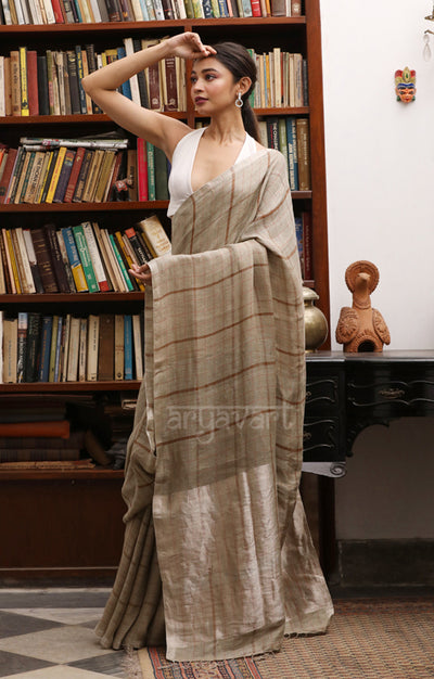 Fawn Linen Saree with Brick Red Check Design