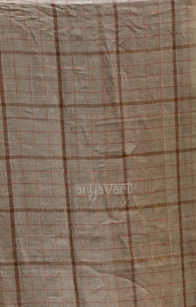 Fawn Linen Saree with Brick Red Check Design