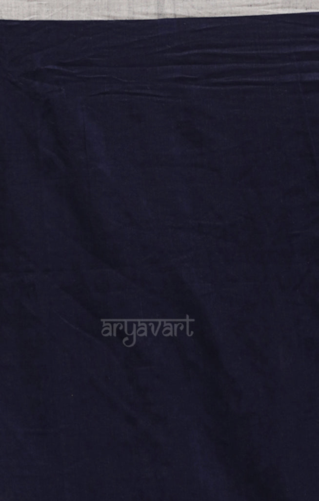 Navy Blue Cotton Saree with Woven Jamdani Design in White
