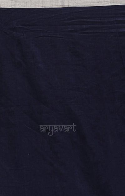 Navy Blue Cotton Saree with Woven Jamdani Design in White