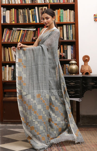 Grey Linen Saree with Jamdani Cube Woven Design along the Border & the Pallu