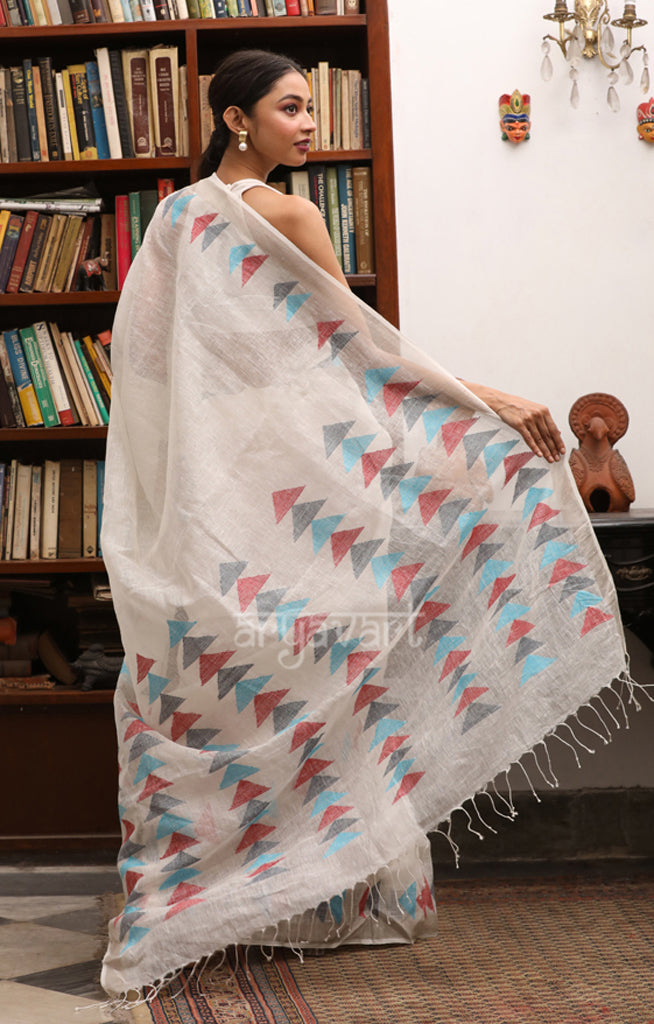 Off White Linen Saree with Striking Triangle shape Jamdani Woven Design