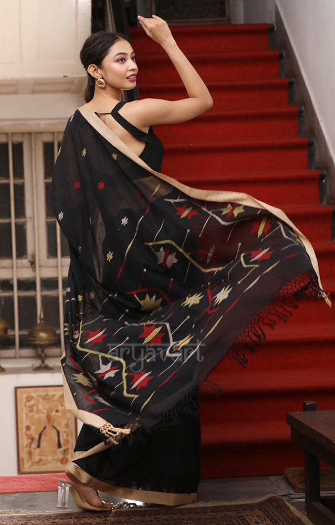 Black Cotton Saree  with striking Jamdani Woven Design