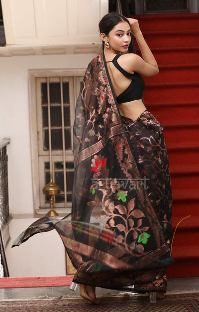 Black Jamdani Saree with Flower Vine Woven Design