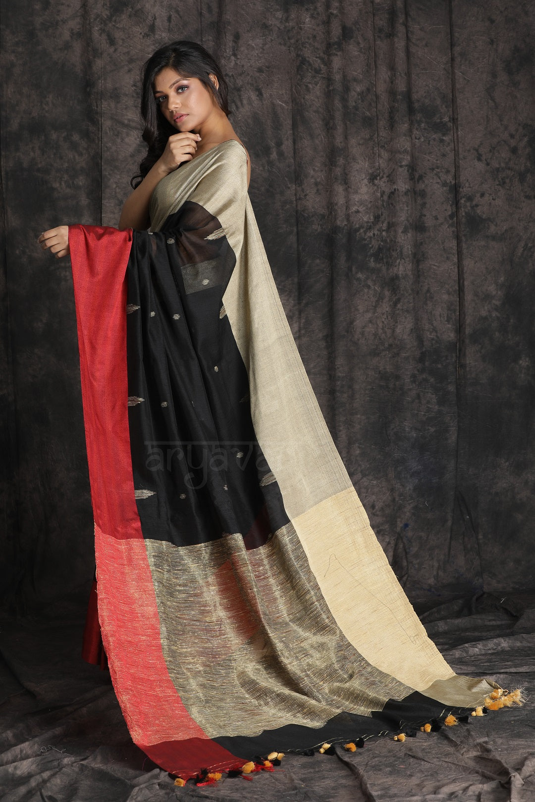 Black Blended Cotton Saree With Double Colour Boarder and Woven Design