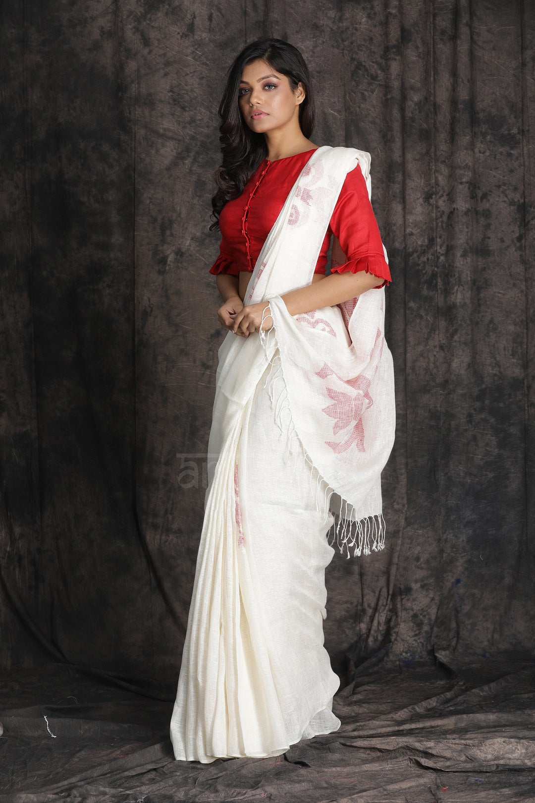 White  Organic Linen Saree With Woven Jamdani Designs in Red