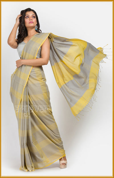 Grey pure cotton saree with yellow checks