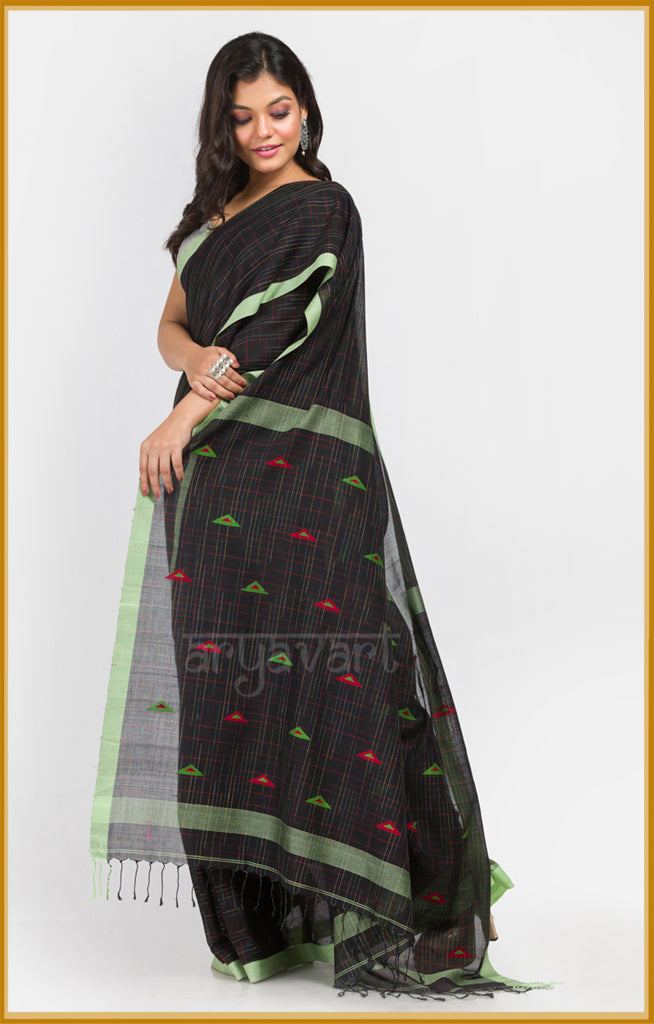 Black pure cotton saree with woven motifs