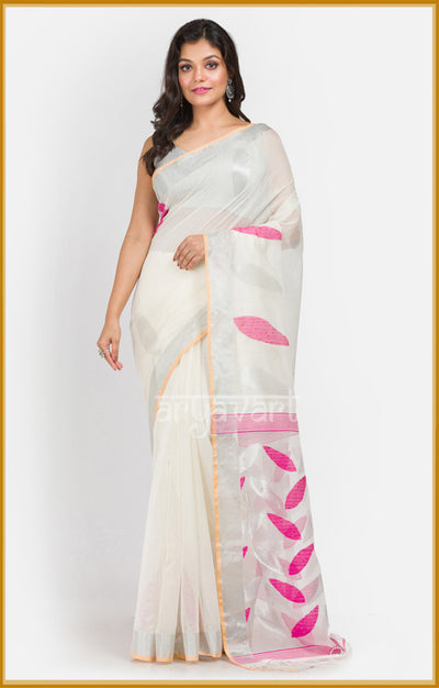 White saree with jamdani handwoven petal design & woven in sequence