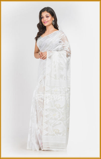 White Jamdani Saree with Lotus woven design