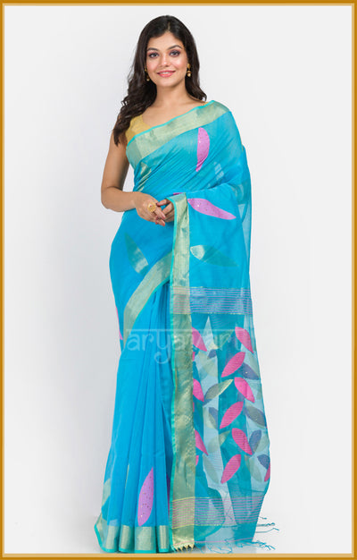 Terquoise Blue  saree with jamdani handwoven petal design & woven in sequence