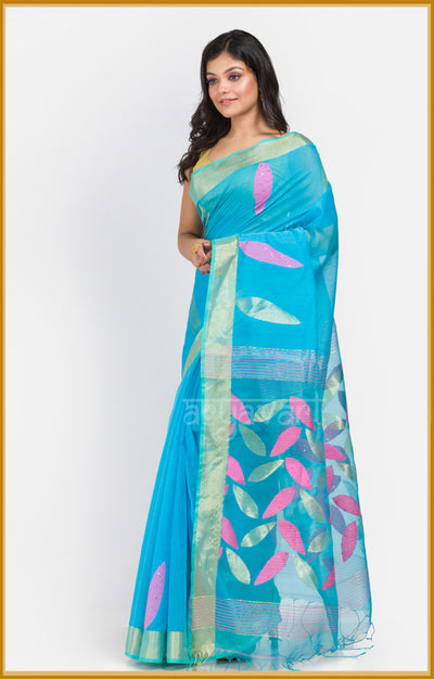 Terquoise Blue  saree with jamdani handwoven petal design & woven in sequence