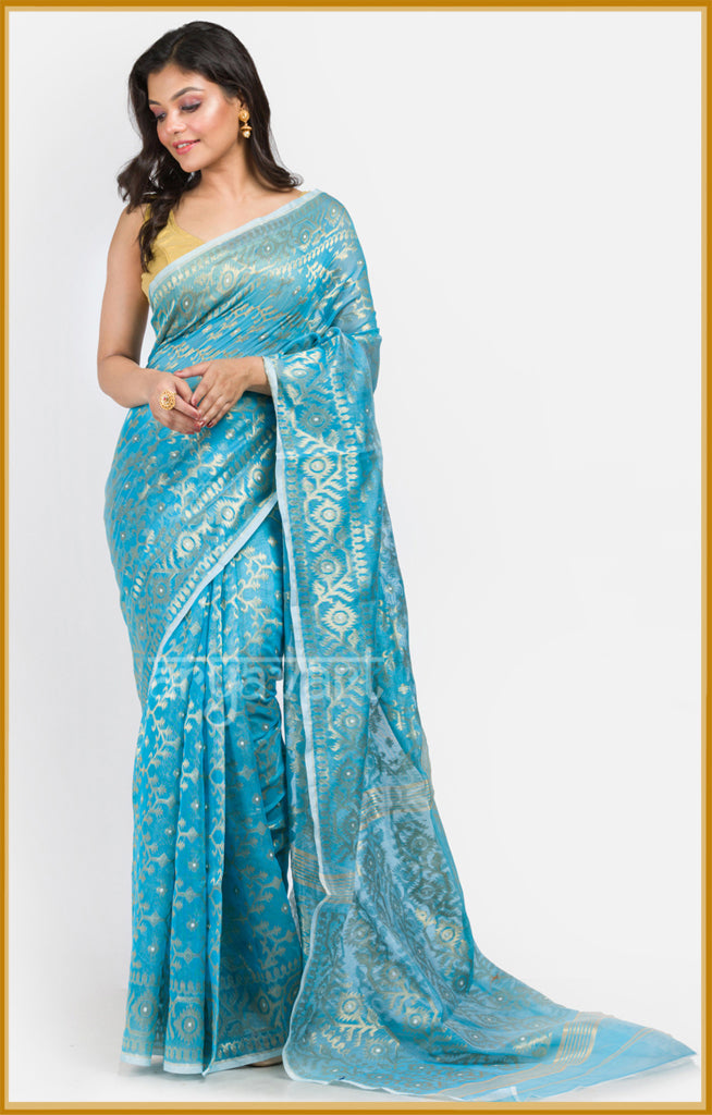 Turquoise Jamdani Saree with Stunning Zari Woven Design