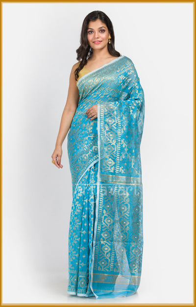 Turquoise Jamdani Saree with Stunning Zari Woven Design