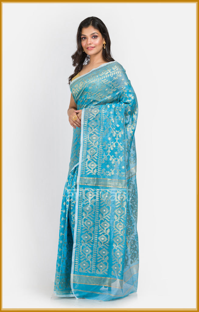 Turquoise Jamdani Saree with Stunning Zari Woven Design