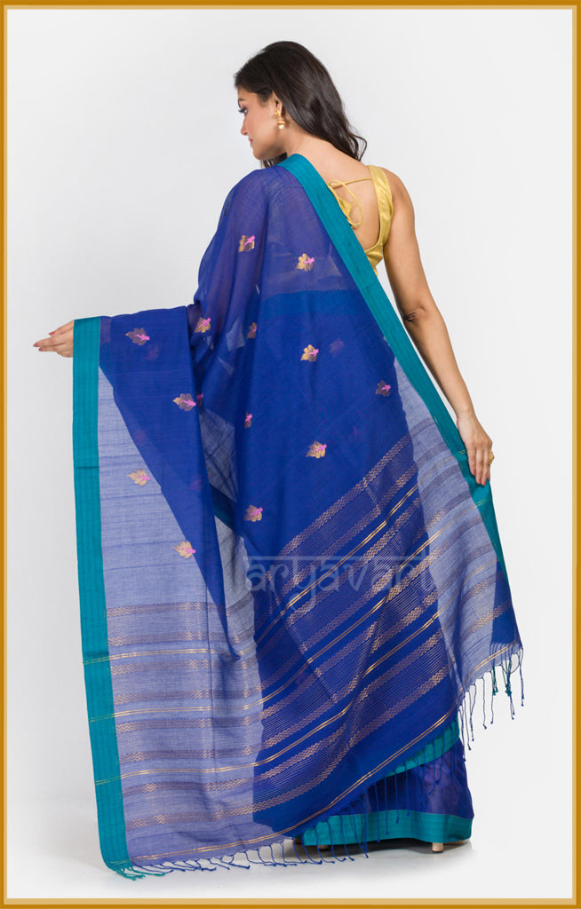 Blue pure cotton saree with Woven Motif along the length of the saree
