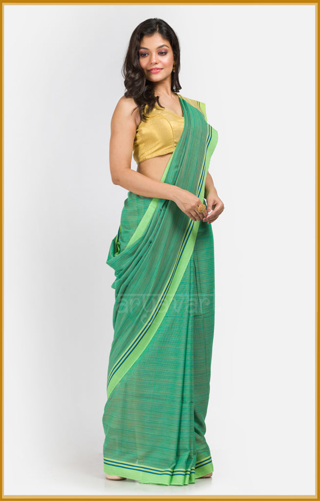 Green pure cotton saree with multicolour lines woven in