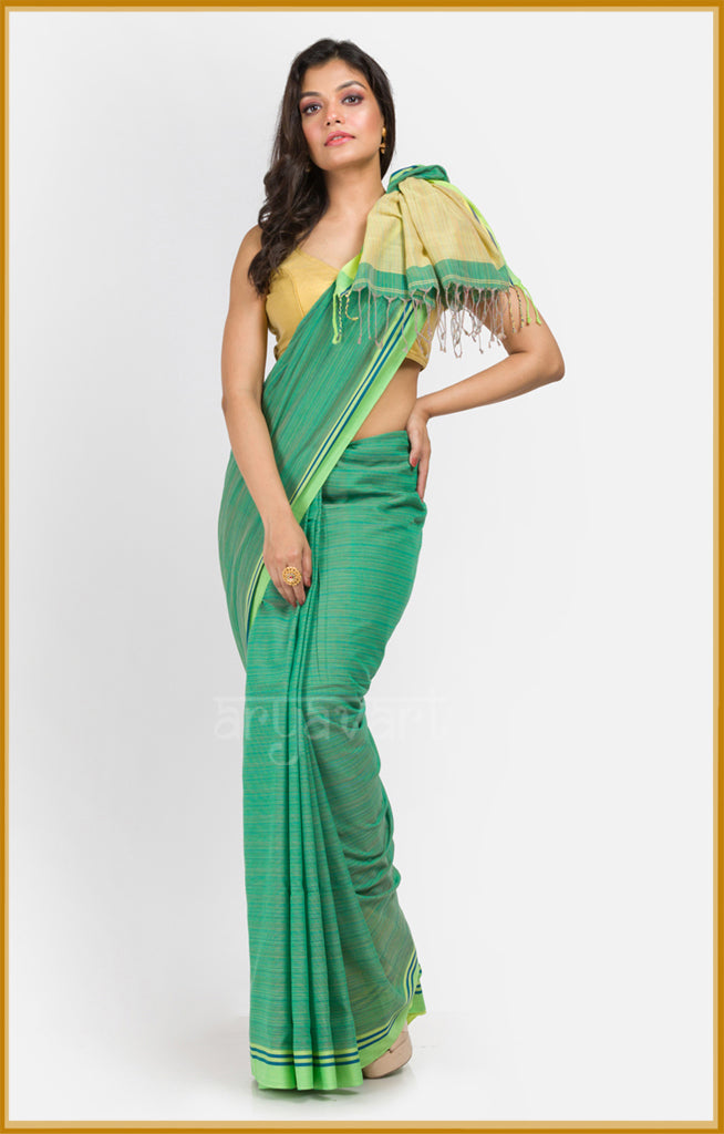Green pure cotton saree with multicolour lines woven in