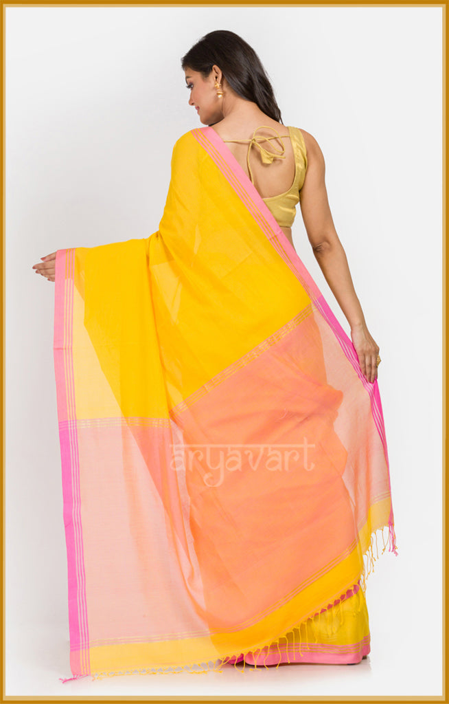 Yellow pure cotton saree with contrasting pink border