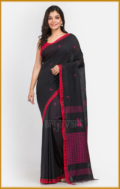 Black pure cotton saree with woven fish motif and red border