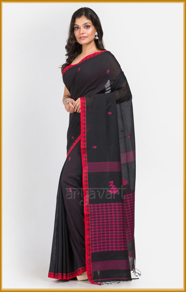 Black pure cotton saree with woven fish motif and red border