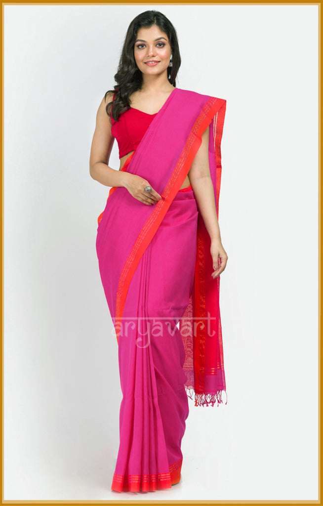 Fuchisa Pink pure cotton saree with contrasting Orange border