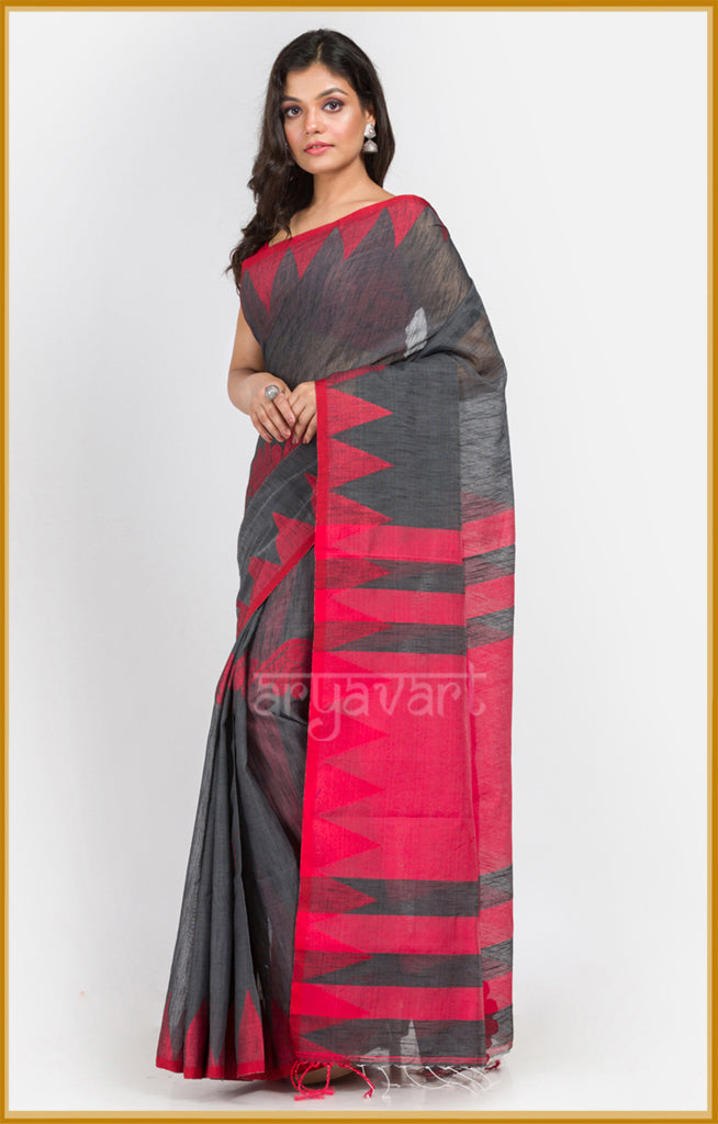 Charcoal Grey saree with Red temple border and pallu