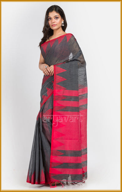 Charcoal Grey saree with Red temple border and pallu