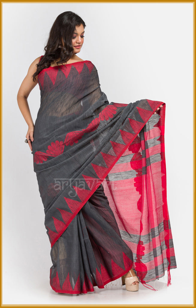 Charcoal Grey saree with Red temple border and pallu