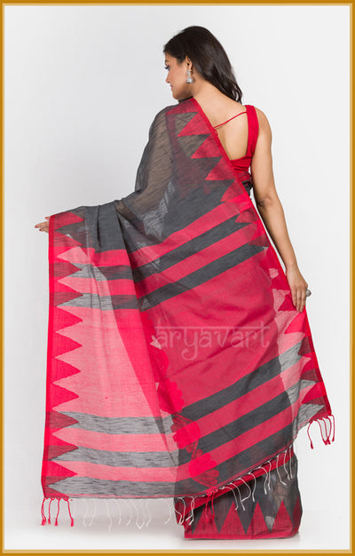 Charcoal Grey saree with Red temple border and pallu
