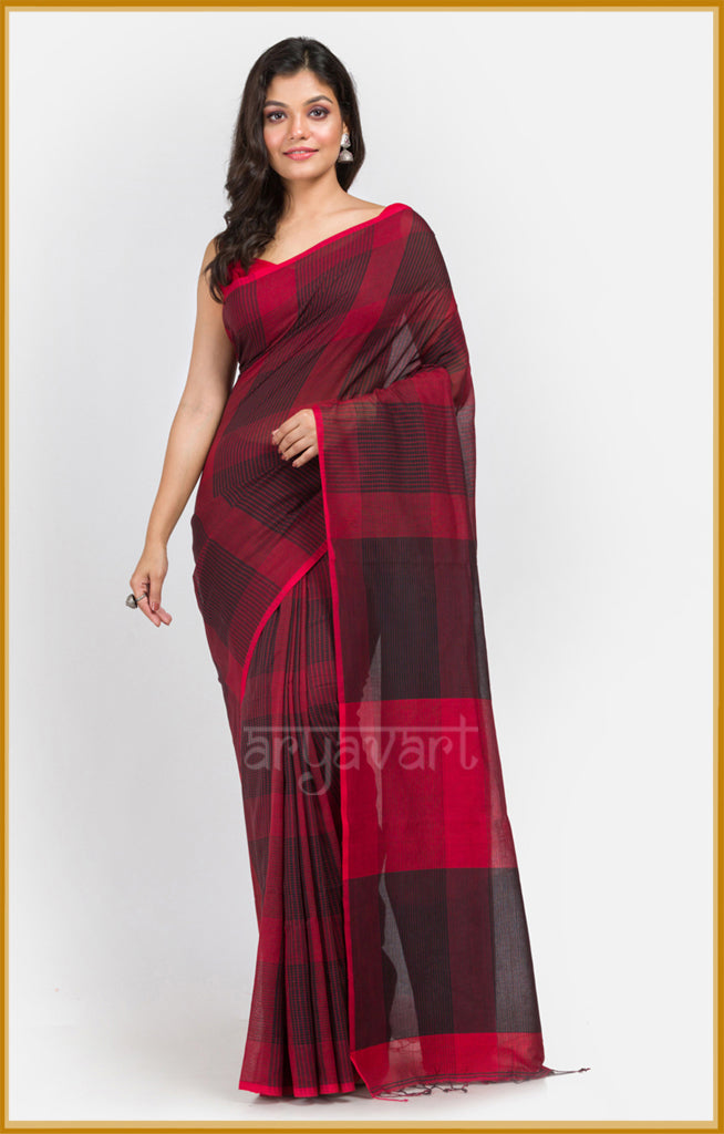 Red & Black pure cotton saree with checks