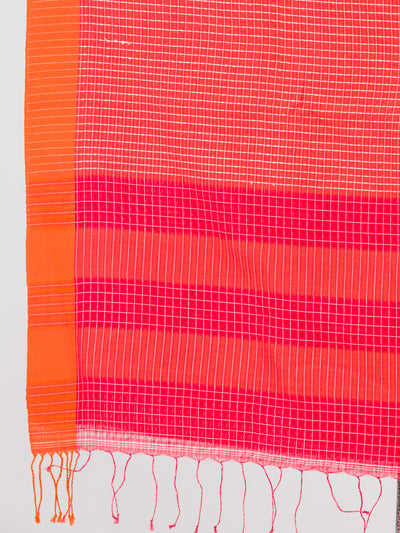 Red pure cotton saree with textured woven checks and a stunning orange border