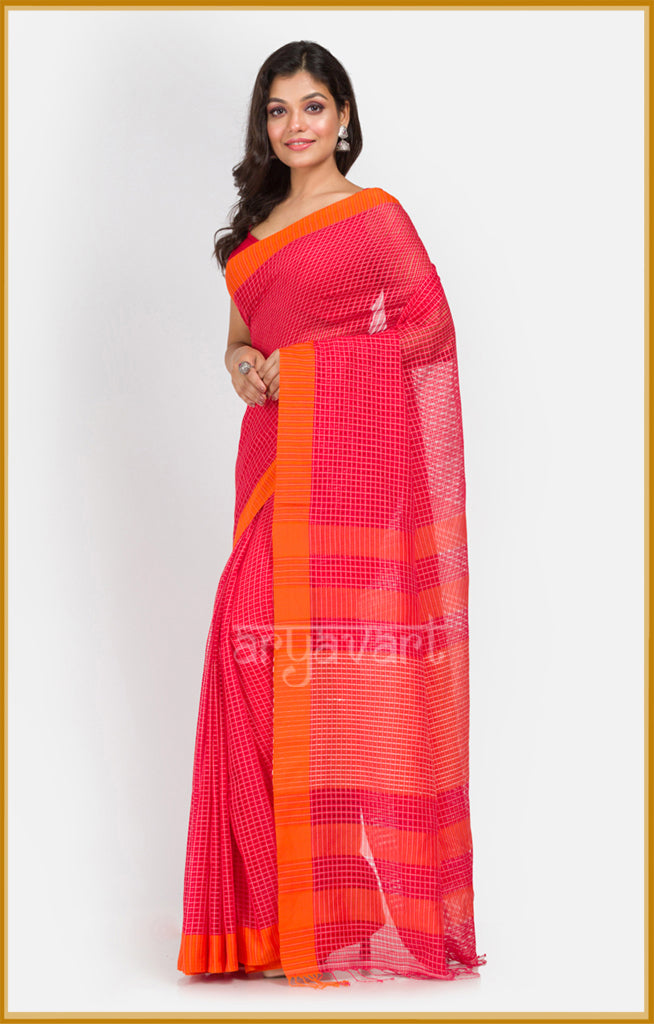 Red pure cotton saree with textured woven checks and a stunning orange border