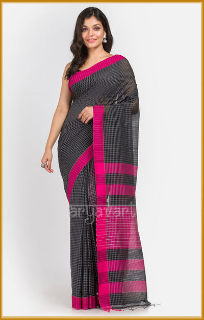 Black pure cotton saree with textured woven checks and a stunning Fuchsia border