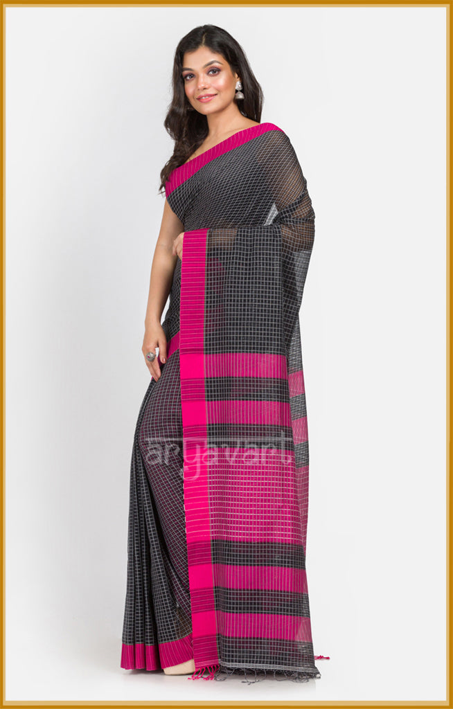 Black pure cotton saree with textured woven checks and a stunning Fuchsia border