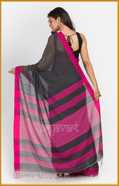 Black pure cotton saree with textured woven checks and a stunning Fuchsia border